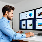 A professional individual, fully clothed in modern business casual attire, comfortably engaging with multiple digital screens displaying personalized news feeds and on-demand entertainment, in a brightly lit, contemporary home office. The scene emphasizes tailored information streams and convenient media consumption. Perfect anatomy, correct proportions, natural pose, well-formed hands, proper finger count, natural body proportions. Safe for work, appropriate content, modest clothing, family-friendly, high-resolution digital art, professional photography.