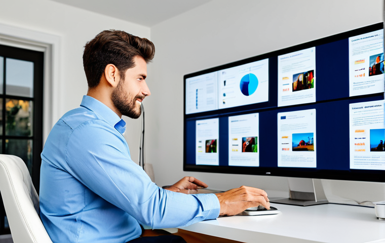 A professional individual, fully clothed in modern business casual attire, comfortably engaging with multiple digital screens displaying personalized news feeds and on-demand entertainment, in a brightly lit, contemporary home office. The scene emphasizes tailored information streams and convenient media consumption. Perfect anatomy, correct proportions, natural pose, well-formed hands, proper finger count, natural body proportions. Safe for work, appropriate content, modest clothing, family-friendly, high-resolution digital art, professional photography.