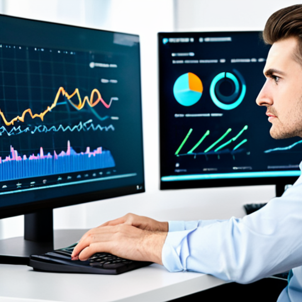 A focused professional data analyst, fully clothed in a modest business shirt and trousers, seated at a sleek modern desk. Their gaze is directed at a large monitor displaying intricate data visualizations, including abstract network graphs and sentiment clouds. The office environment is clean and brightly lit, reflecting a professional atmosphere. perfect anatomy, correct proportions, natural pose, well-formed hands, proper finger count, natural body proportions, safe for work, appropriate content, professional.