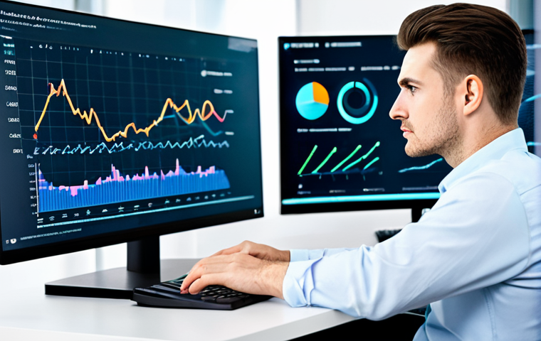 A focused professional data analyst, fully clothed in a modest business shirt and trousers, seated at a sleek modern desk. Their gaze is directed at a large monitor displaying intricate data visualizations, including abstract network graphs and sentiment clouds. The office environment is clean and brightly lit, reflecting a professional atmosphere. perfect anatomy, correct proportions, natural pose, well-formed hands, proper finger count, natural body proportions, safe for work, appropriate content, professional.
