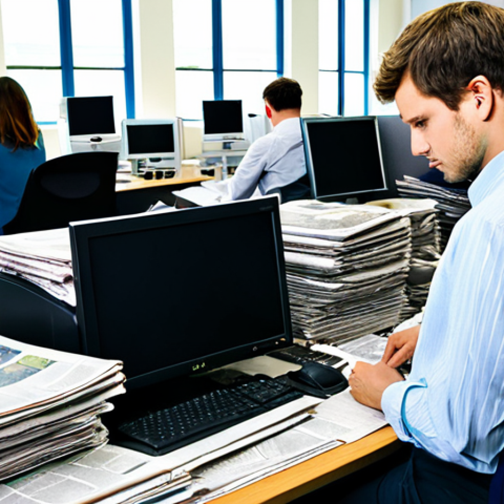 Modern Newspaper Office**

"A busy, modern newspaper office, journalists working at computers, stacks of newspapers visible, fully clothed, appropriate attire, professional environment, safe for work, perfect anatomy, correct proportions, natural pose, well-formed hands, proper finger count, professional photography, high quality, natural lighting, serious and focused atmosphere."

**