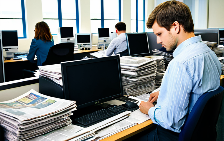 Modern Newspaper Office**
"A busy, modern newspaper office, journalists working at computers, stacks of newspapers visible, fully clothed, appropriate attire, professional environment, safe for work, perfect anatomy, correct proportions, natural pose, well-formed hands, proper finger count, professional photography, high quality, natural lighting, serious and focused atmosphere."
**