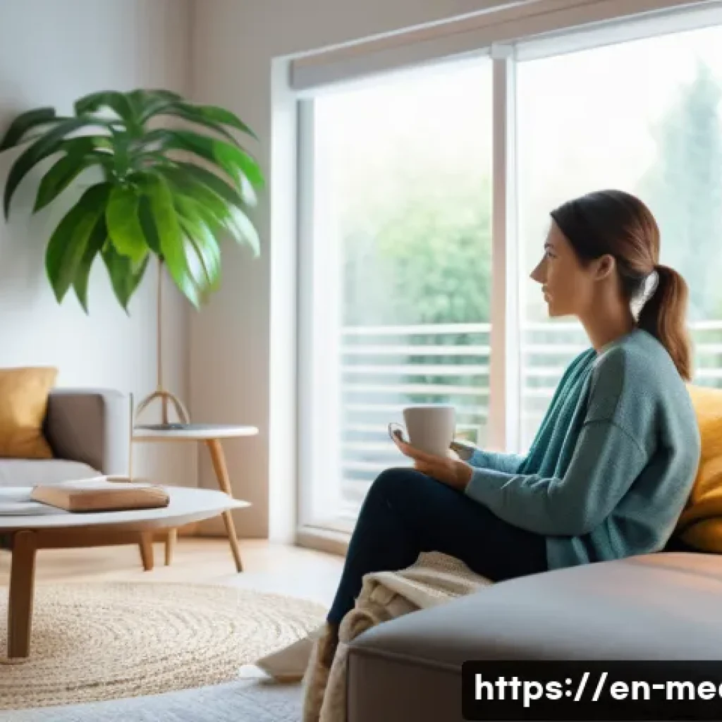 미디어의 심리적 영향 - A serene living room scene featuring a young adult woman sitting comfortably on a modern couch, wear...
