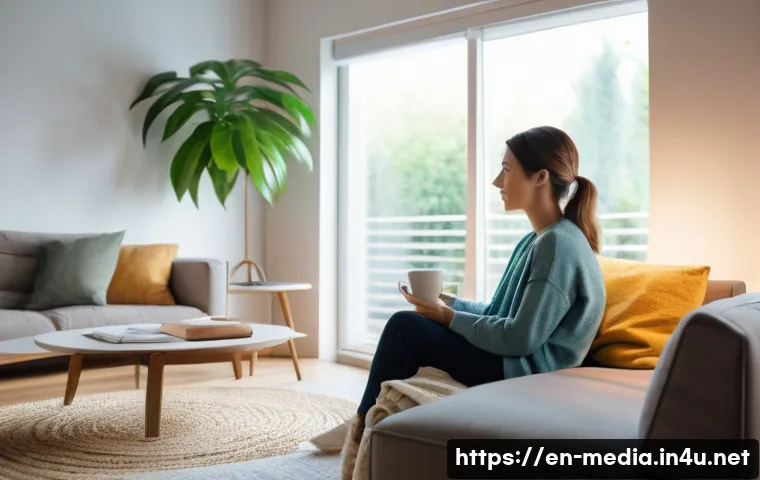 미디어의 심리적 영향 - A serene living room scene featuring a young adult woman sitting comfortably on a modern couch, wear...