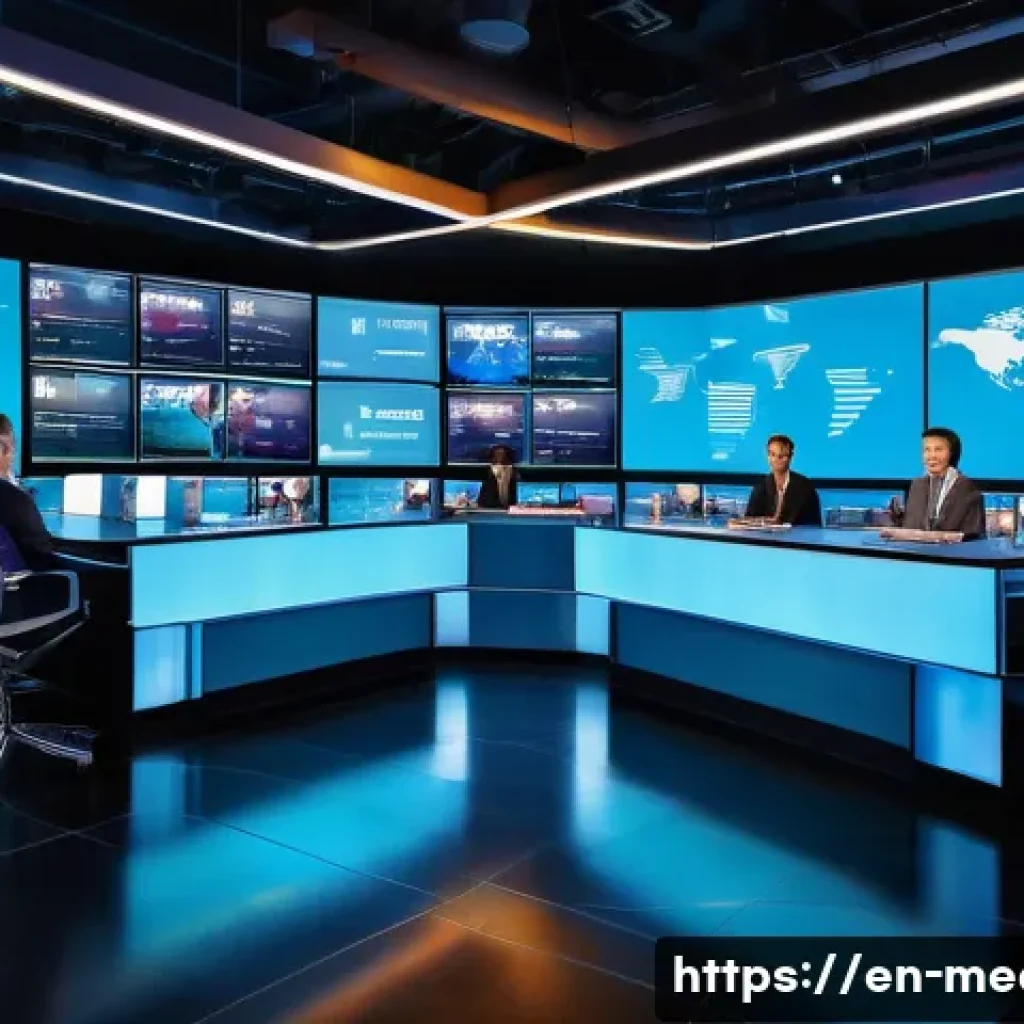 미디어 및 커뮤니케이션 이론 - A vibrant digital newsroom scene showcasing multiple screens displaying social media feeds, viral tw...
