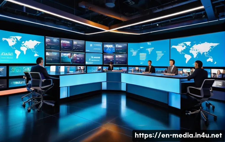 미디어 및 커뮤니케이션 이론 - A vibrant digital newsroom scene showcasing multiple screens displaying social media feeds, viral tw...