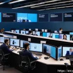 미디어학 관련 서적 - A modern digital newsroom environment with diverse journalists working at desks filled with multiple...