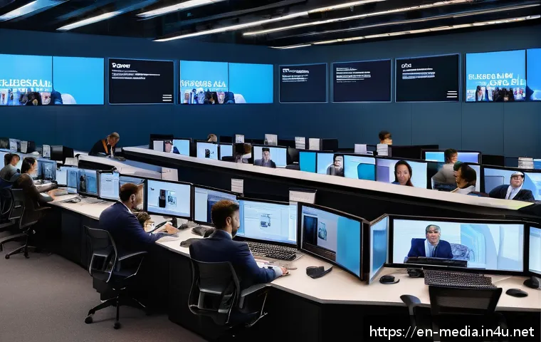 미디어학 관련 서적 - A modern digital newsroom environment with diverse journalists working at desks filled with multiple...