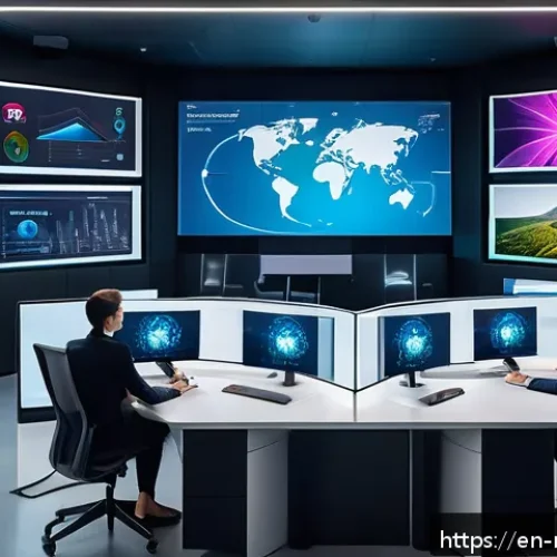 미디어 마케팅 기술 - A modern marketing control room with multiple digital screens displaying AI-driven personalized ads,...