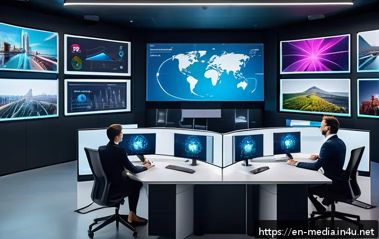 미디어 마케팅 기술 - A modern marketing control room with multiple digital screens displaying AI-driven personalized ads,...