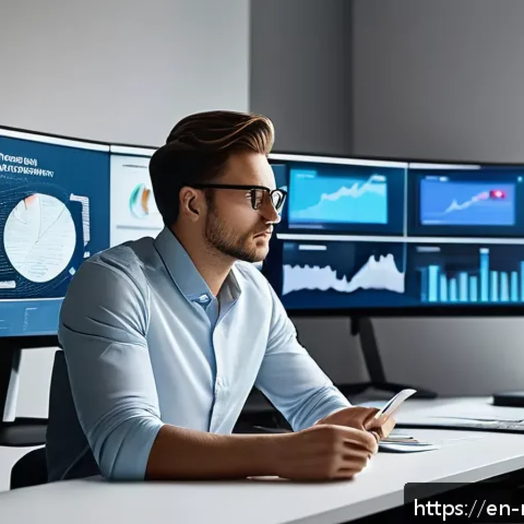 미디어학 관련 직업 - A modern digital media professional in a sleek home office, surrounded by multiple screens displayin...