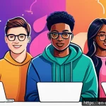 미디어와 민주주의 - A vibrant digital illustration of a diverse group of young adults engaged in a lively online politic...