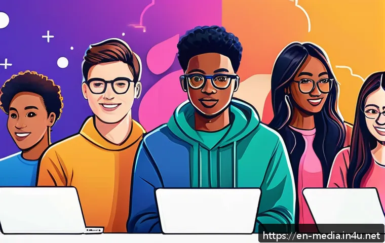 미디어와 민주주의 - A vibrant digital illustration of a diverse group of young adults engaged in a lively online politic...