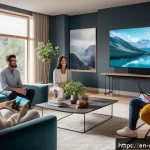 미디어 콘텐츠 트렌드 - A futuristic living room scene featuring a diverse group of people engaging with AI-personalized med...