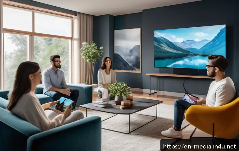 미디어 콘텐츠 트렌드 - A futuristic living room scene featuring a diverse group of people engaging with AI-personalized med...